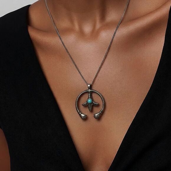 Native American Navajo Turquoise SS Hand of Friendship Pendant Necklace